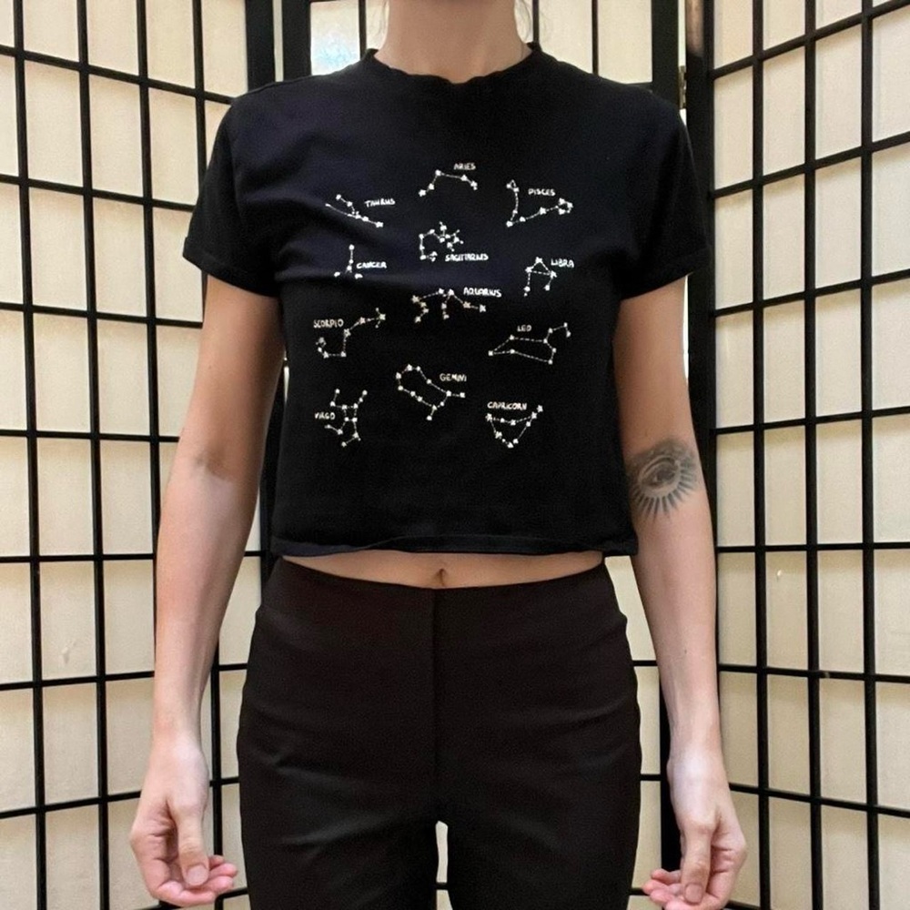 Black Zodiac Astrology Crop Top Constellations XS